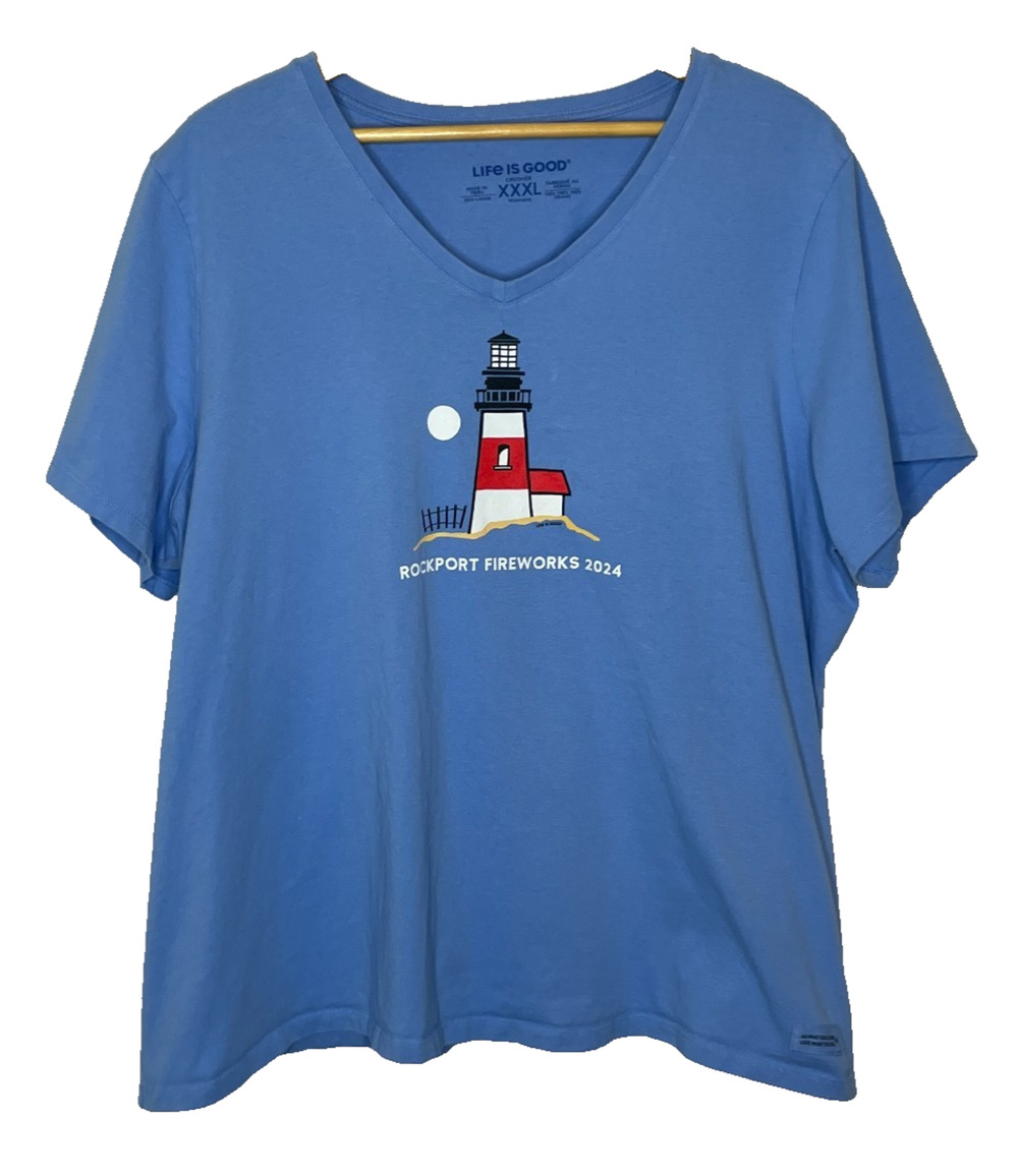 Women's XXXL Life is Good Blue V-Neck Rockport Fireworks Short Sleeve Tee